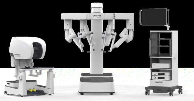 A surgical robotics system with console, patient cart and vision cart.