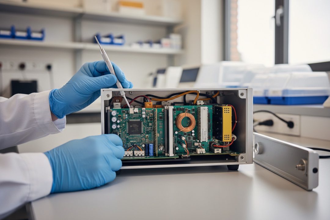 A field engineer in gloves working on the exposed circuit boards of a diagnostic instrument.
